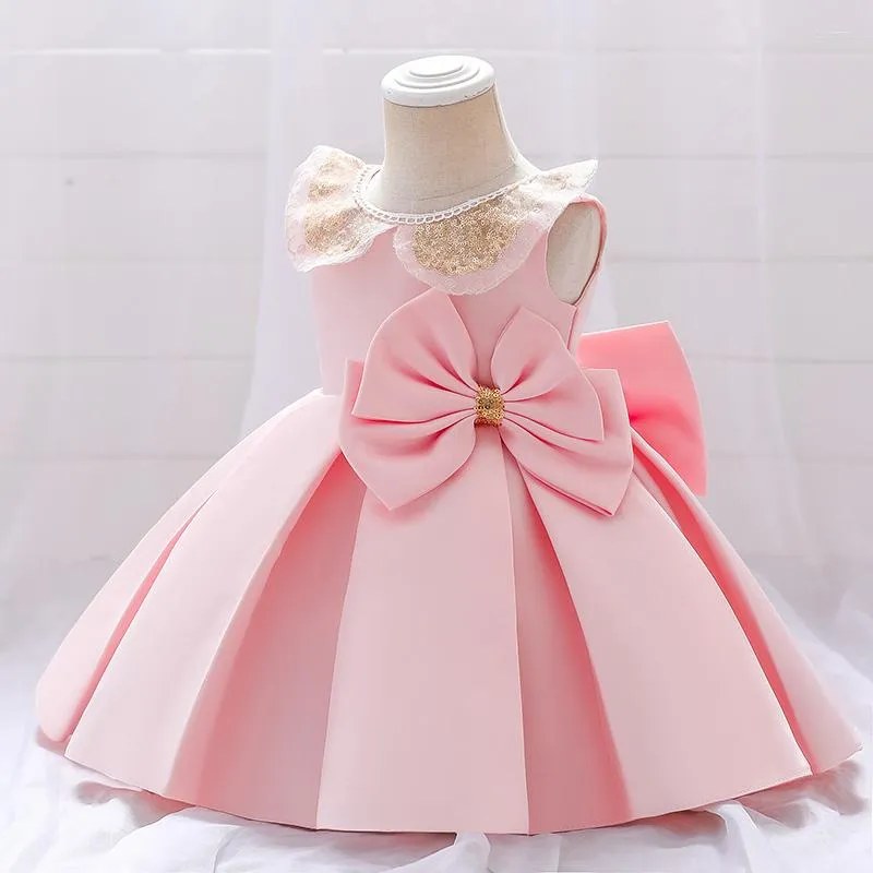 Fille Robes D'été Poupée Col Sequin1 Année Bébé Anniversaire Robe Pour Enfants Vêtements Baptême Arc Princesse Rose Parti Blanc Costume