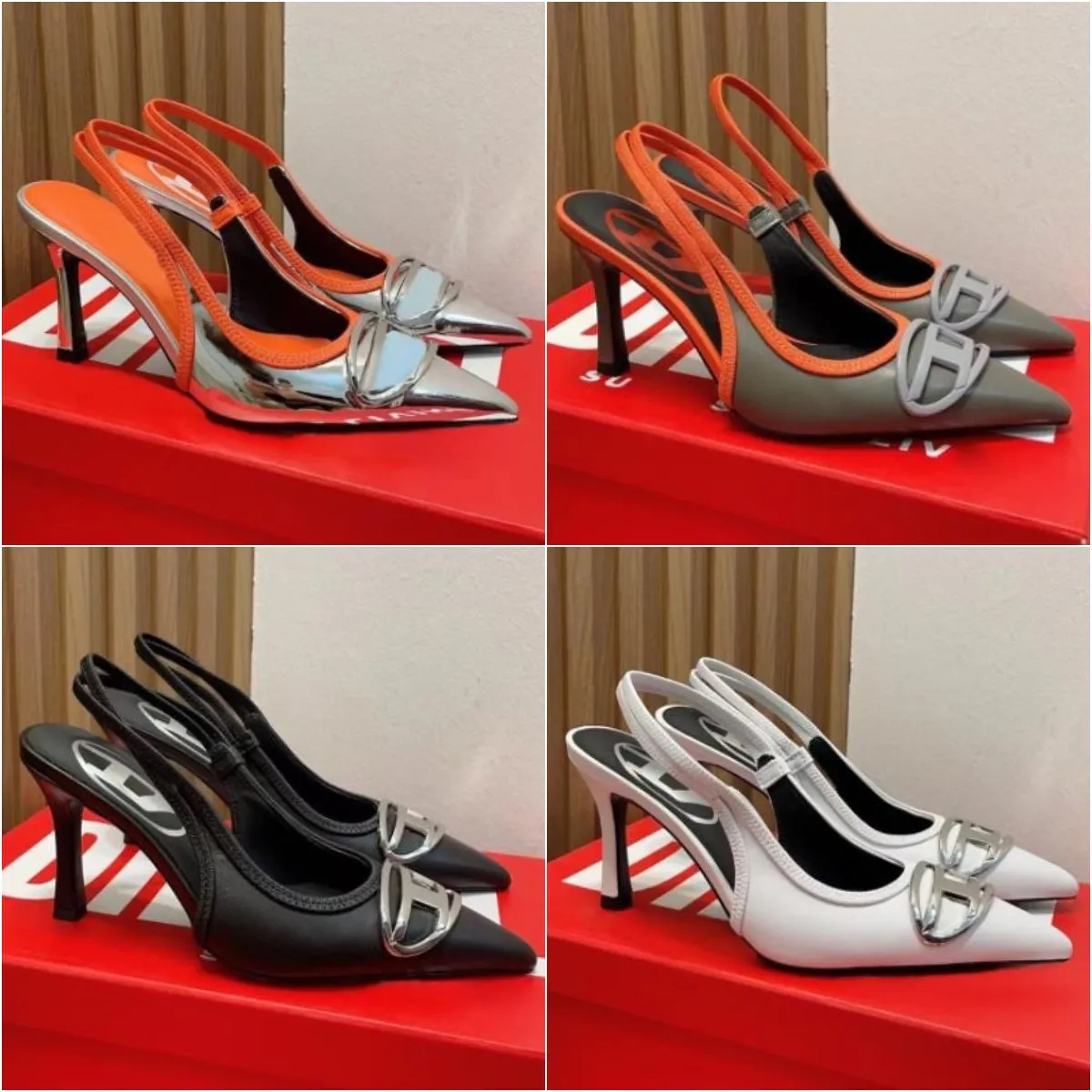 Sexy Metallic-Buchstaben-High-Heels für Damen, Retro-Mode, spitze Zehen, Slingbacks, Kitten-Heel-Sandalen, 8,5 cm, Luxus-Designer-Denim-blaue Kleidschuhe, Büro-Party-Schuhe