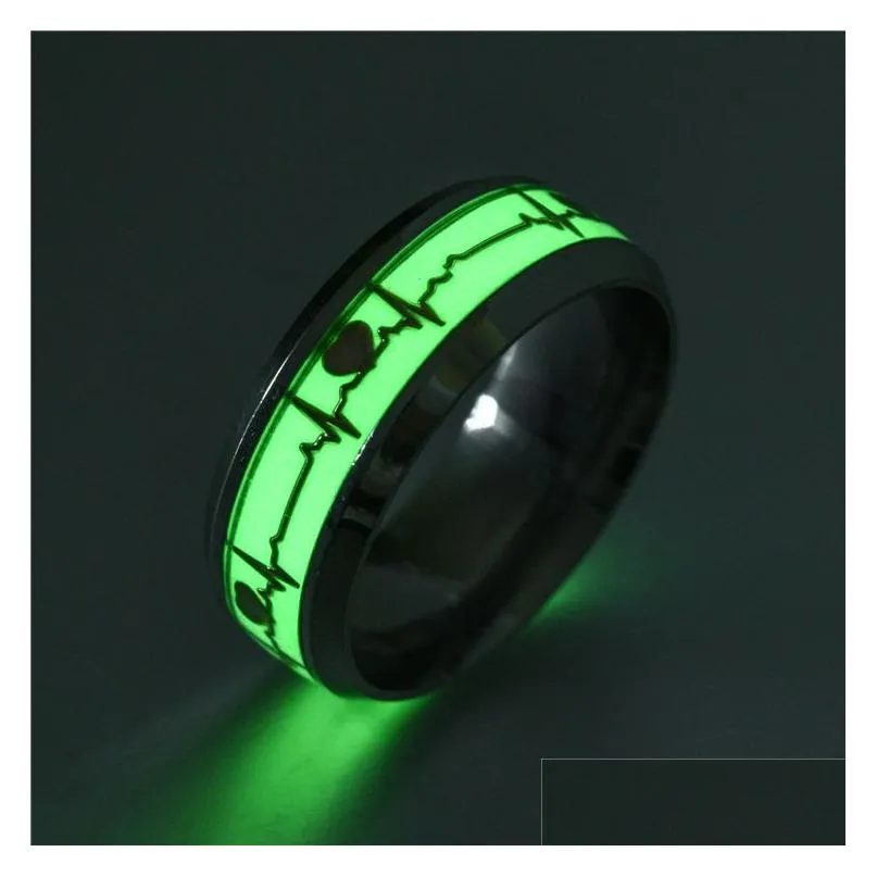 Cluster Rings Dark Luminous Heartbeat Glow In The Ecg Couple Matching Ring For Valentines Day Gift Drop Delivery Jewelry Dhrlx