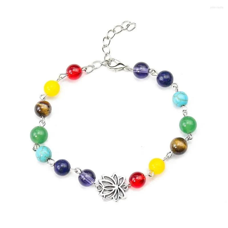 Link Bracelets Chakra Crystal Stone Bracelet For Women Lotus Pendant Charms Yoga Reiki OM Meditation Healing Balance Beads Foot Jewelry