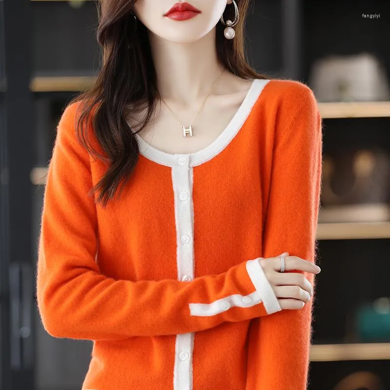 Women's Knits BELIARST Women's Colorblock Cardigan Spring /Autumn Knitted Cropped Top Merino Wool Jacket Casual Fashion Ladies