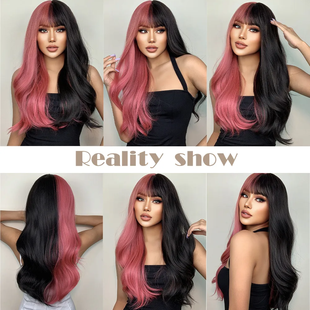 Parrucche di capelli sintetici ondulati lunghi rosa e neri con frangia Cosplay Parrucca di capelli per feste di Natale di Halloween per donne Parrucca colorata