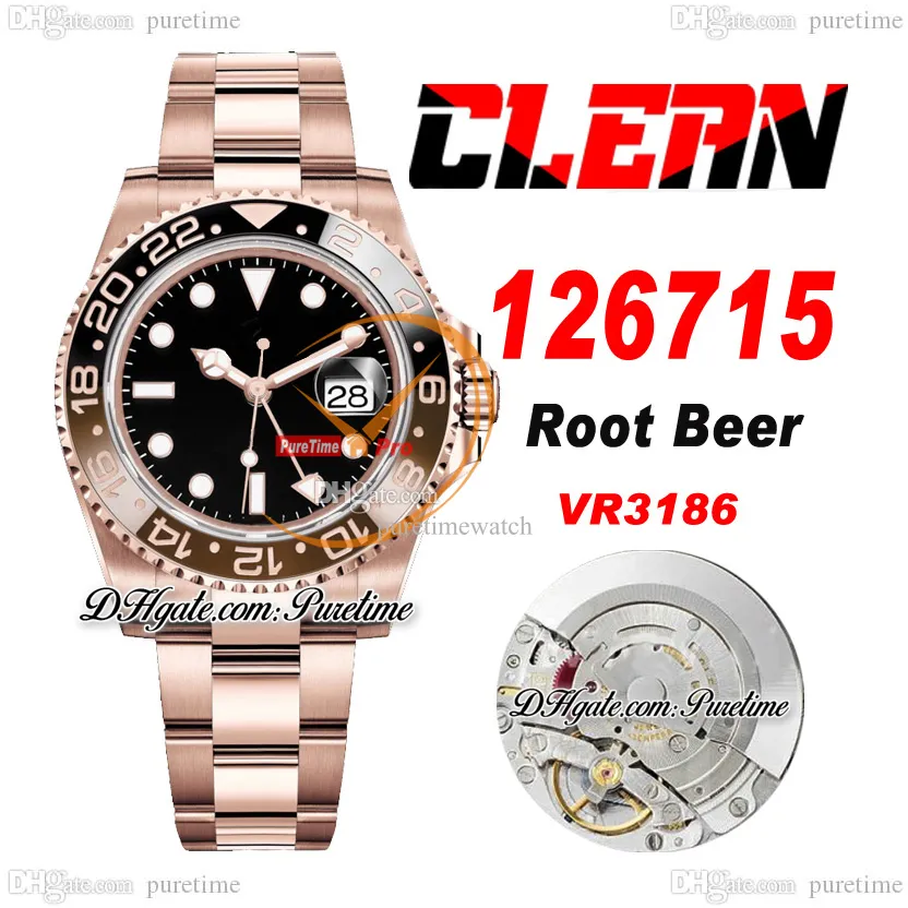 Мужские часы Clean GMT VR3186 Root Beer Automatic CF Розовое золото 18 карат Коричневый керамический безель из кока-колы Черный циферблат Браслет OysterSteel 904L Super Edition Same Card Puretime e5