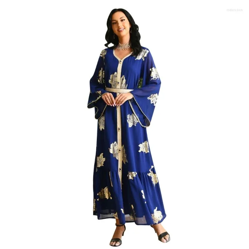 Roupas étnicas femininas muçulmanas Abaya Dress Middle East Feminino Bronzing Maxi Floral Print Lady De Corpo Inteiro-Kaftan