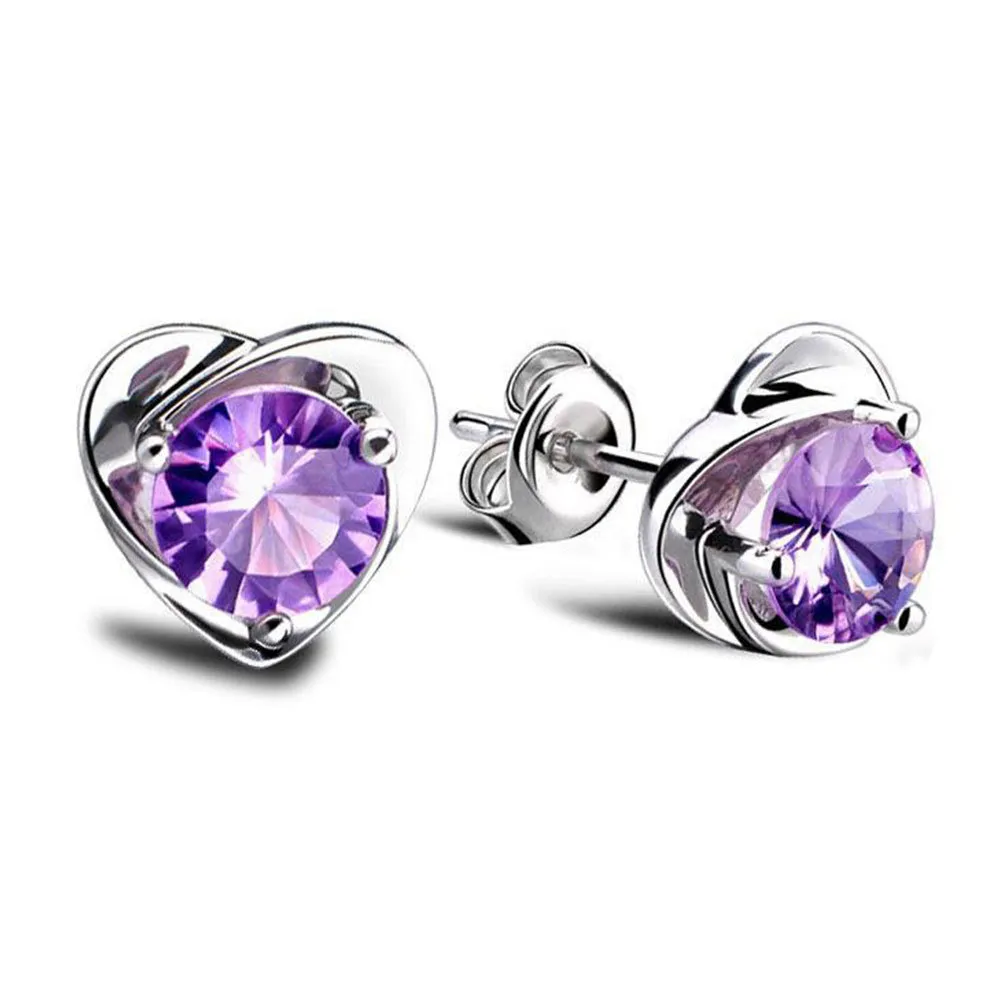 925 Sterling Silver Love Heart Stud Earrings Necklaces Set White Purple Shining Crystal Bling Diamond Pendant Necklace Earring Earings Ear Rings Jewelry