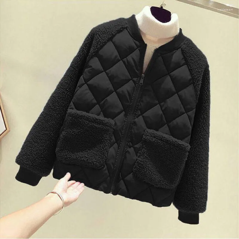 Kvinnor Trench Coats Korean Style Short Parkas Women Fashion Patchwork Lamb Cashmere Down Jacket Female 2023 Autumn Winter Warm Casual
