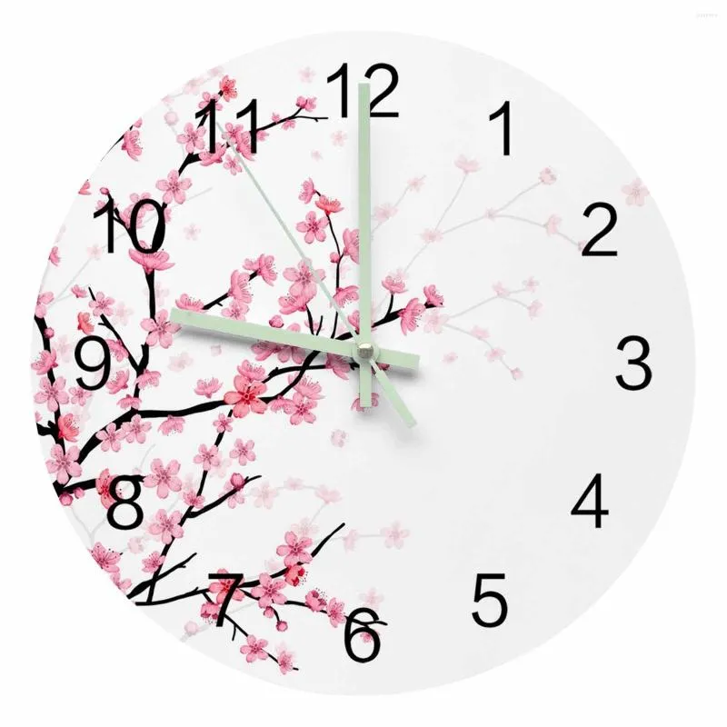 Horloges murales printemps fleur rose fleur de cerisier blanc pointeur lumineux horloge maison ornements rond silencieux salon décor