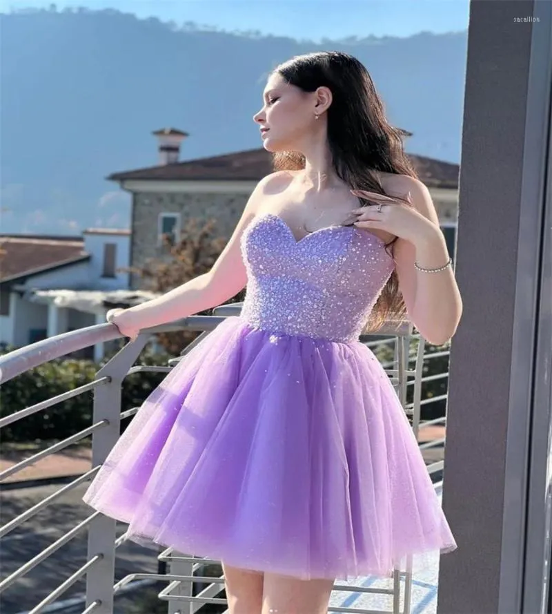 Party Dresses Sexy Lilac Short Prom Dress With Sequins 2023 Sweetheart A Line Mini Cocktail Corset Lace Up Fashion Graduation Gown