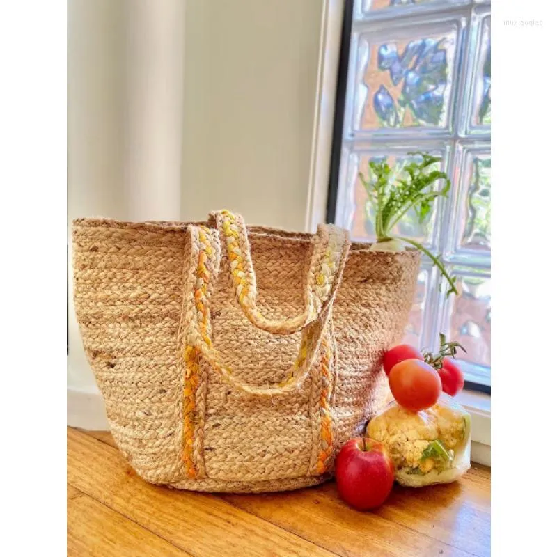 Storage Bags Bag Hand Braided Jute Handbag Shoulder Beach Casual Tote Side