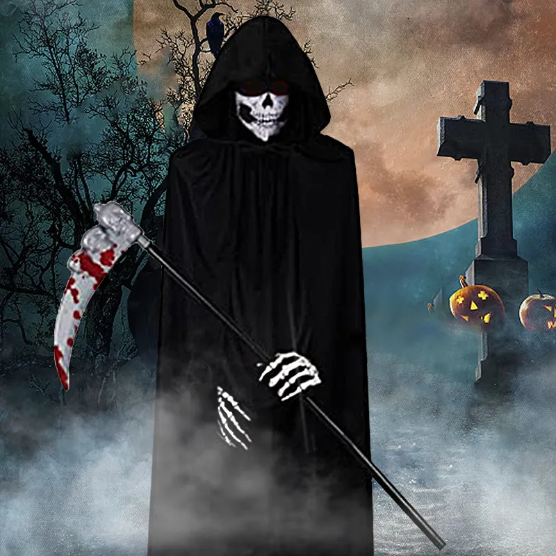 Andra evenemangsfest levererar kreativa Halloween Grim Reaper Costume unisex kappa barn skrämmande kostymer med mantel glödande röda ögon huva bälte skyte handskar 230609