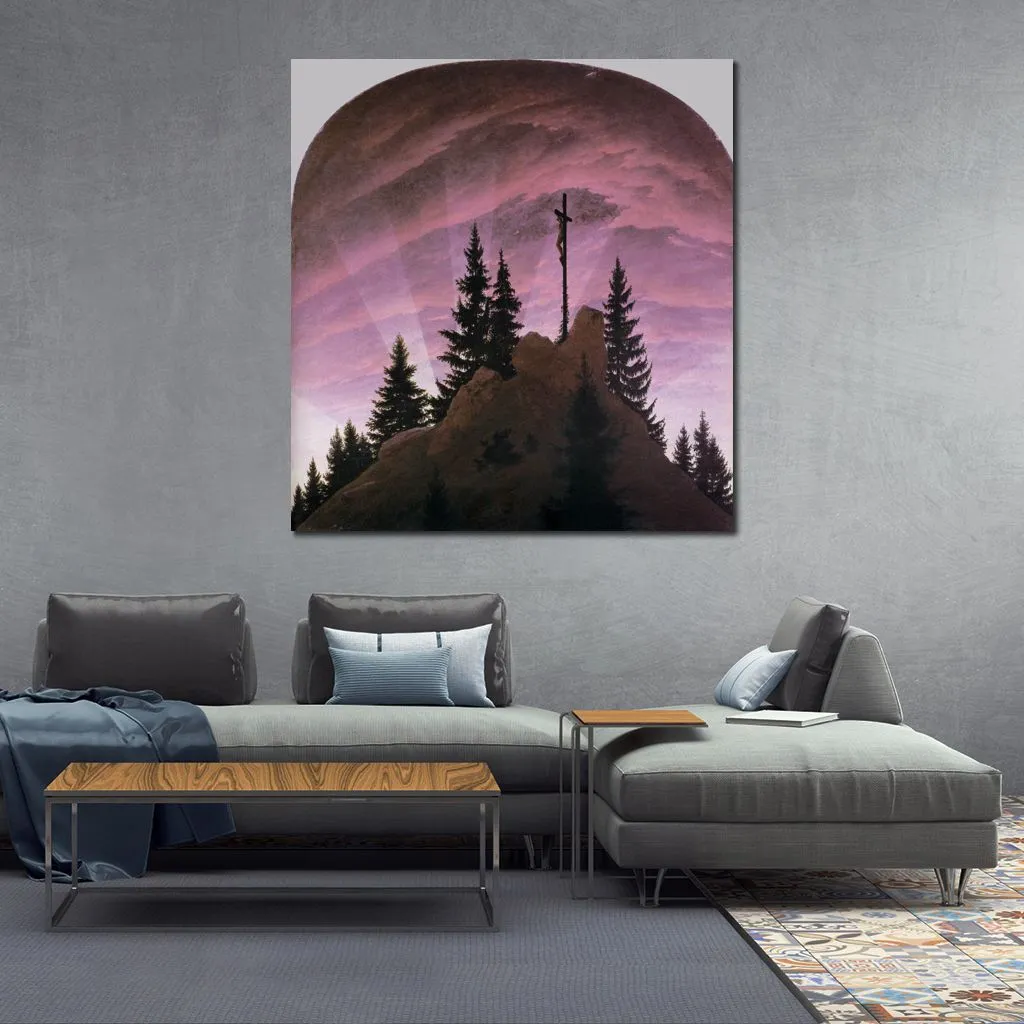 Handcrafted Canvas Artwork Landscape Cross in The Mountains by Caspar David Friedrich Painting for Bathroom Contemporary