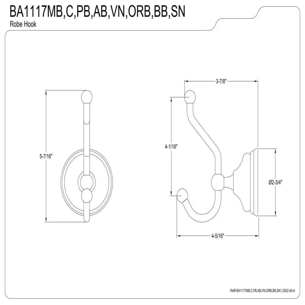 Kingston Brass BA1117orb Victorian Robe Hook, Oil gnuggas brons