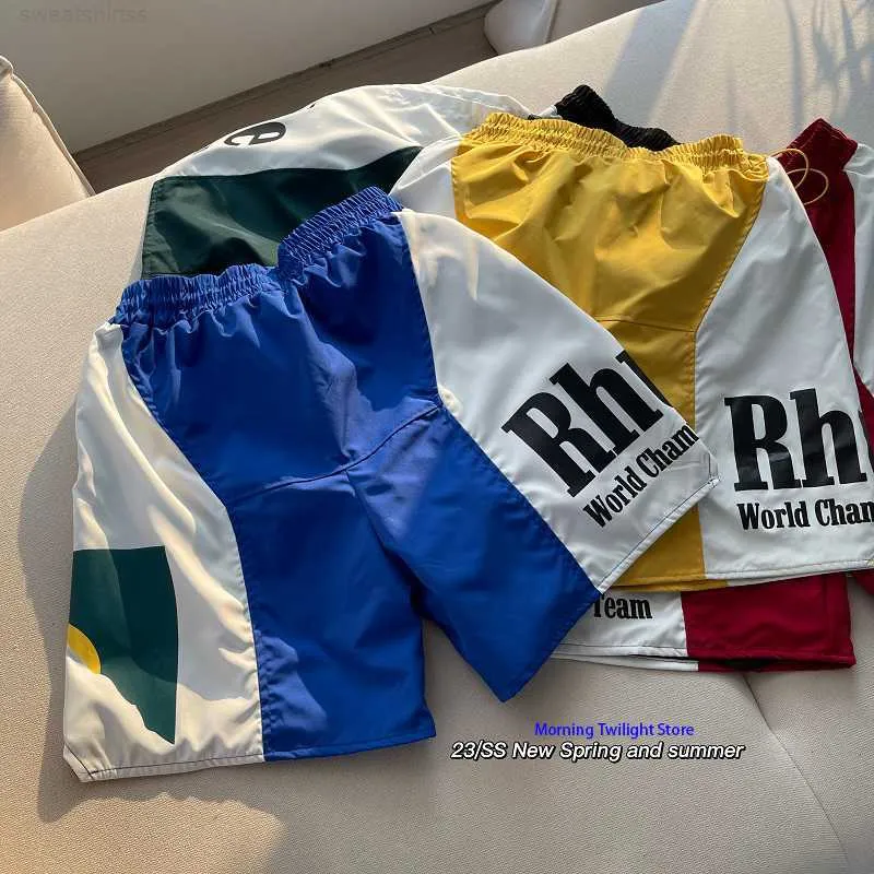 Shorts Masculino Rhude Panel Short Sunset Letter Printing Calça reta colorida shorts de ginástica Summer Shorts soltos masculinos