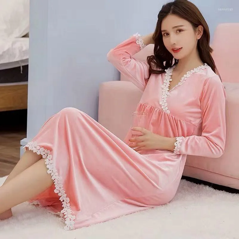 Women's Sleepwear Women's Nightgown Autumn V-neck Long-sleeve Lace Dress Vintage Velvet Elegant Lady Romantic Nightdress