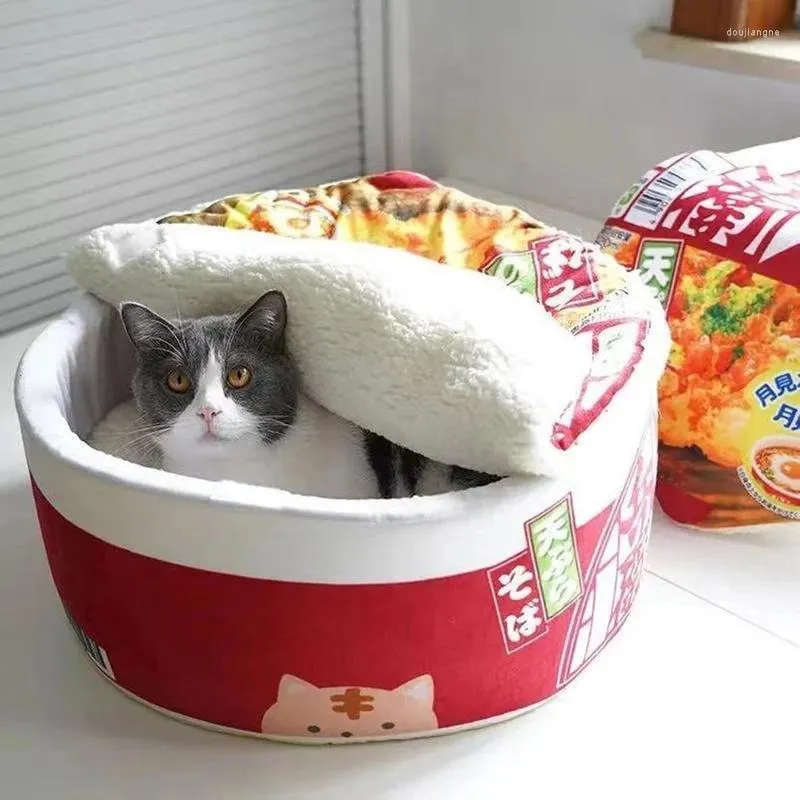 Cat Beds Winter Tent Funny Noodles Small Dog Bed House Instant Noodle Bowl Sleeping Bag Cushion For Plush Pet Product