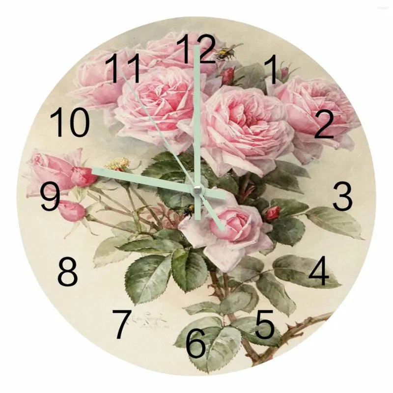 Orologi da parete Rosa Fiore Rosa Orologio puntatore luminoso vintage Ornamenti per la casa Rotondo Silenzioso Soggiorno Camera da letto Arredamento per ufficio