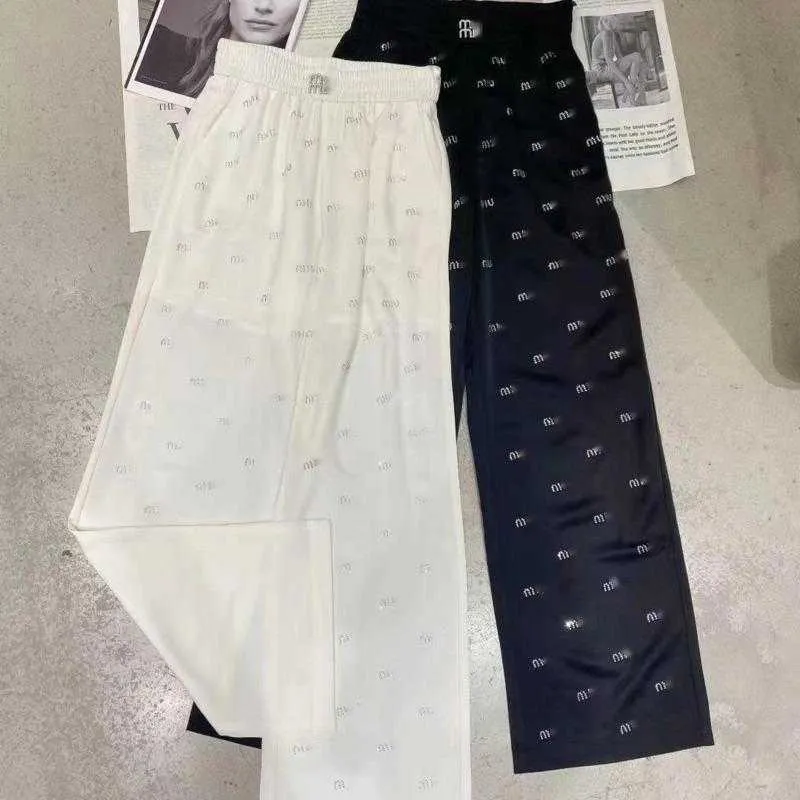 Calças MIU de grife feminino com letras de marca hot diamond calças largas femininas de cintura alta soltas calças retas casuais