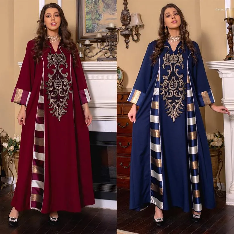 Ethnische Kleidung Eid Marokko Stickerei Kleid Frauen Muslimischen Umhang Abaya Dubai Langarm Islamischen Vestidos Musulam Party Kleider Kaftan