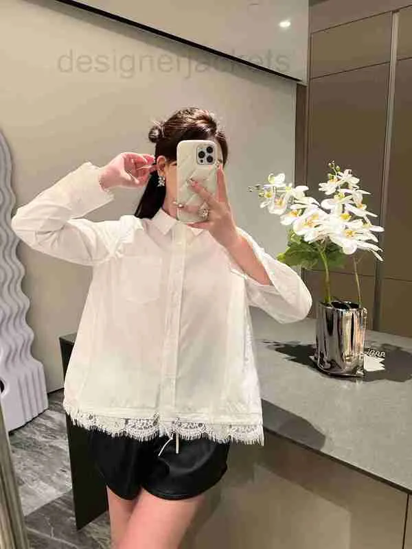 Women's Blouses & Shirts Designer high-end 23 early spring exquisite gentle lace edge stitching washed pure cotton white shirt DYLR