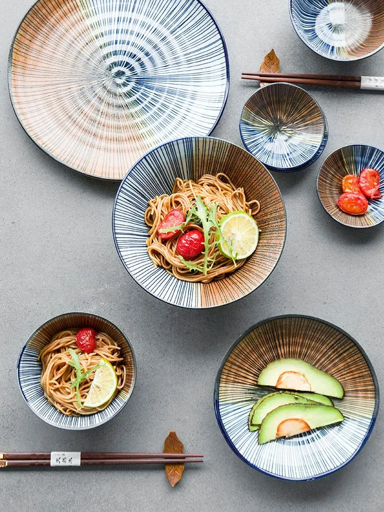 Skålar fancity japansk stil dubbelsidig blå linje mönster keramik och rätter för hushåll ris soppa dis