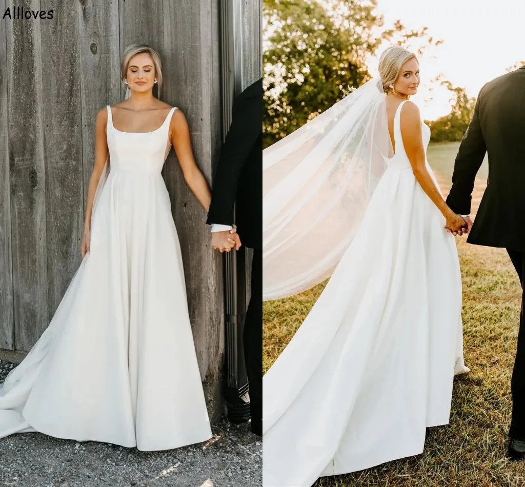 Simple White Satin A-Line Wedding Dress with Spaghetti Straps Square Neck  Backless Sleeveless Plus Size Sweep Train from Dhgate A-Line Wedding Dresses  - price 127.54