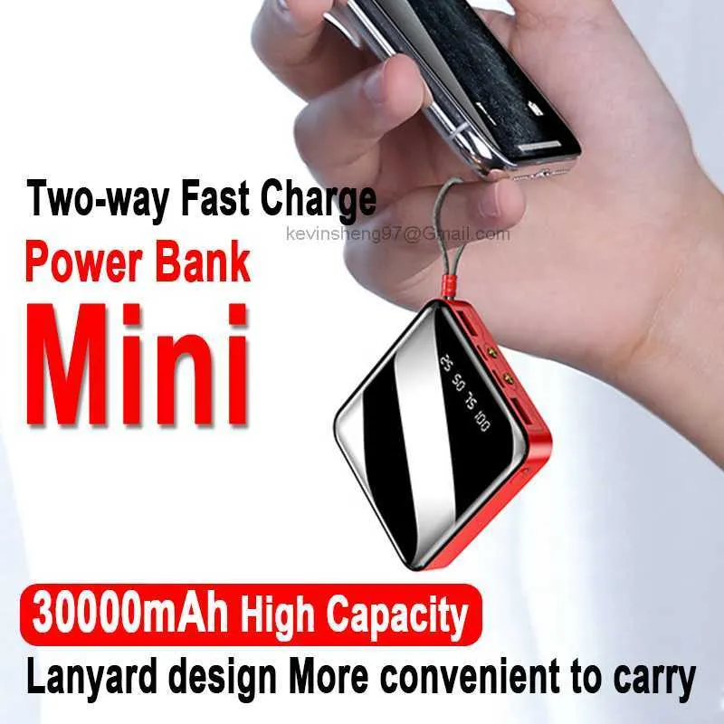 Gratis anpassad logotyp 30000mAh Mini Power Bank tvåvägs Fast Charge Portable 2 USB Digital Display Externt batteri med ficklampa för Xiaomi iPhone