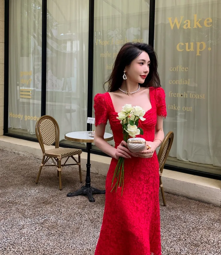 Casual Dresses S Elf Portrait Red Lace Midi Dress Short