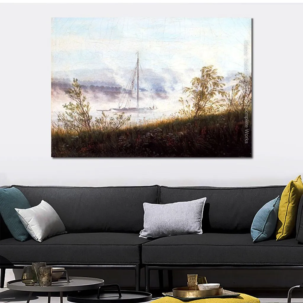 Handmade Landscape Canvas Wall Art Ship on The River Elbe Caspar David Friedrich Painting Artwork for Restaurant Modern Decor