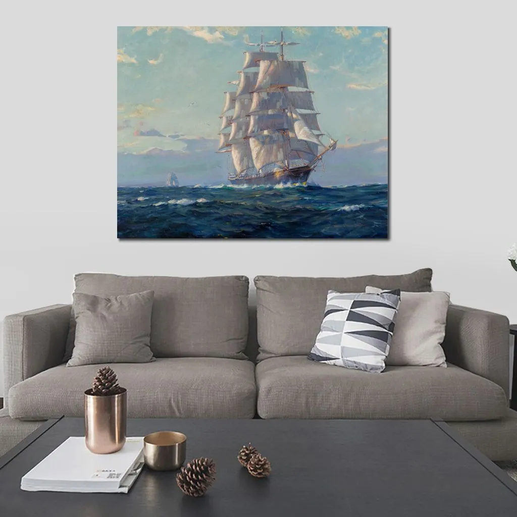 Marine Ship Canvas Wall Art Over The Sea Frank Vining Smith Schilderij Handgemaakt Zeegezicht Slaapkamer Decor