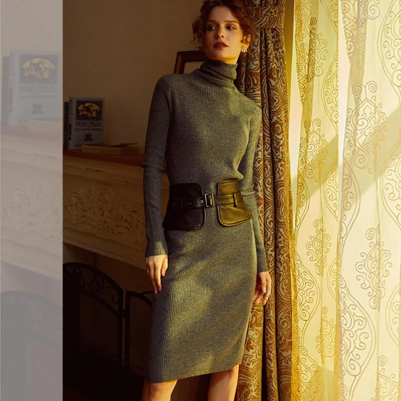 Casual Dresses Wool Knited Dress Women Style LongeChes Turtleneck midja i mitten av längden 4 färger Autumn Fashion