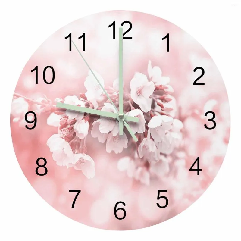 Orologi da parete Fiore Pianta Fiore di ciliegio Rosa Orologio puntatore luminoso Ornamenti per la casa Rotondo Silenzioso Soggiorno Decorazioni per ufficio