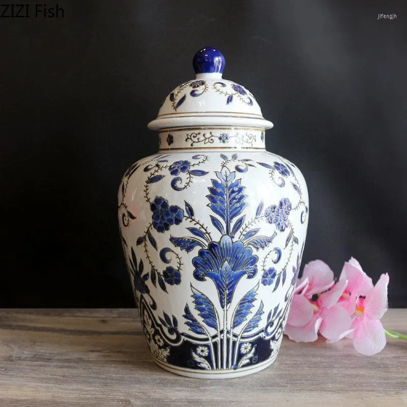 Bouteilles De Stockage Bleu Et Blanc Porcelaine Fleur Général Réservoir En Céramique Gingembre Pots Vase De Bureau Bijoux Cosmétique Conteneur
