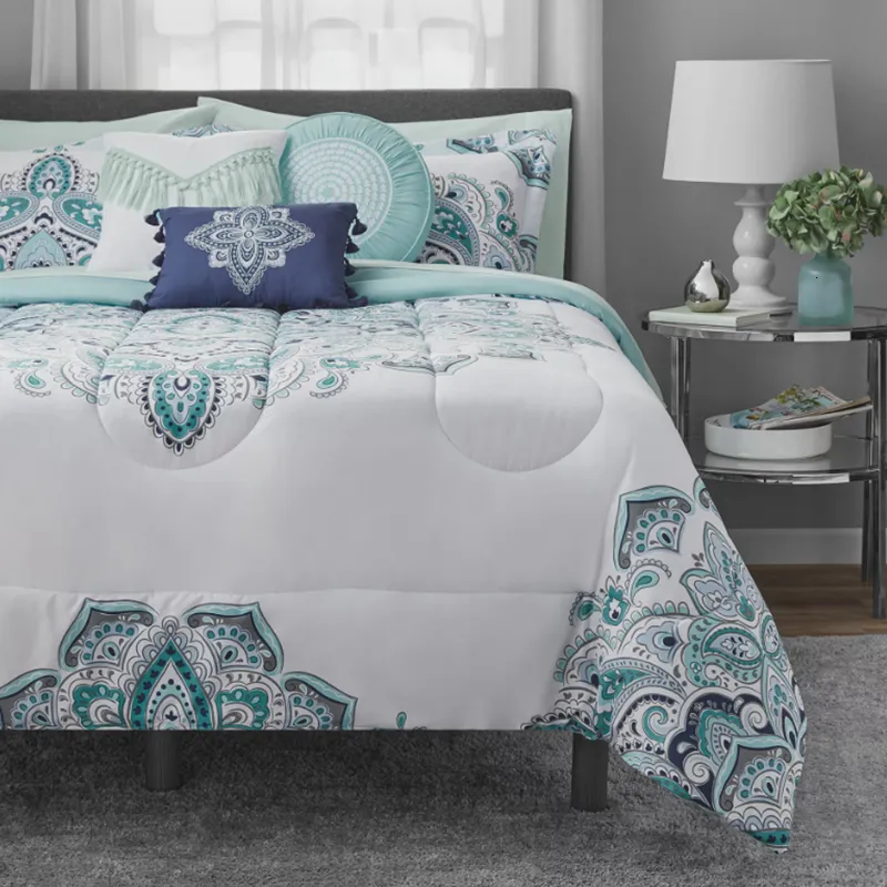 Постилочные наборы Mainstays Teal Medallion 10 Piece Bed в сумке Comforter Set с листами Queen 230609