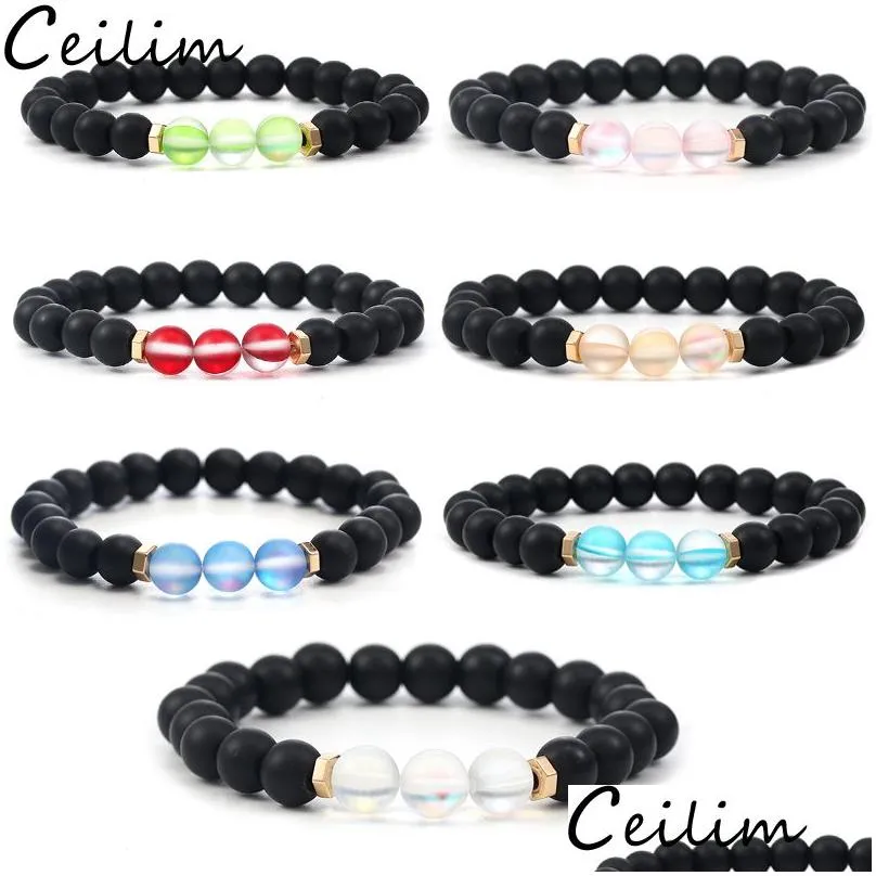 Perline 6Mm Fashion Design Crystal Glass Flash Stone Bead Bracciale per donna Uomo Colorf Natural Black Matte Agate Ethnic Drop Deliver Dhbxr