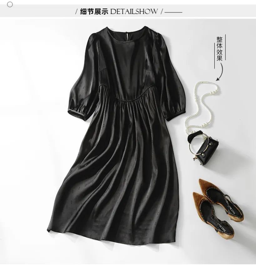 Summer Black Boat Anchor Print Panelled Silk Dress 3/4 Sleeve Round Neck Midi Casual Dresses C3A250117