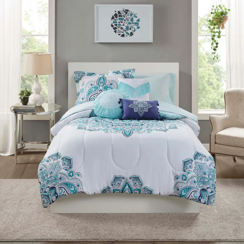Teal Medallion Teal Comforter Set With Sheets Bed In A Bag