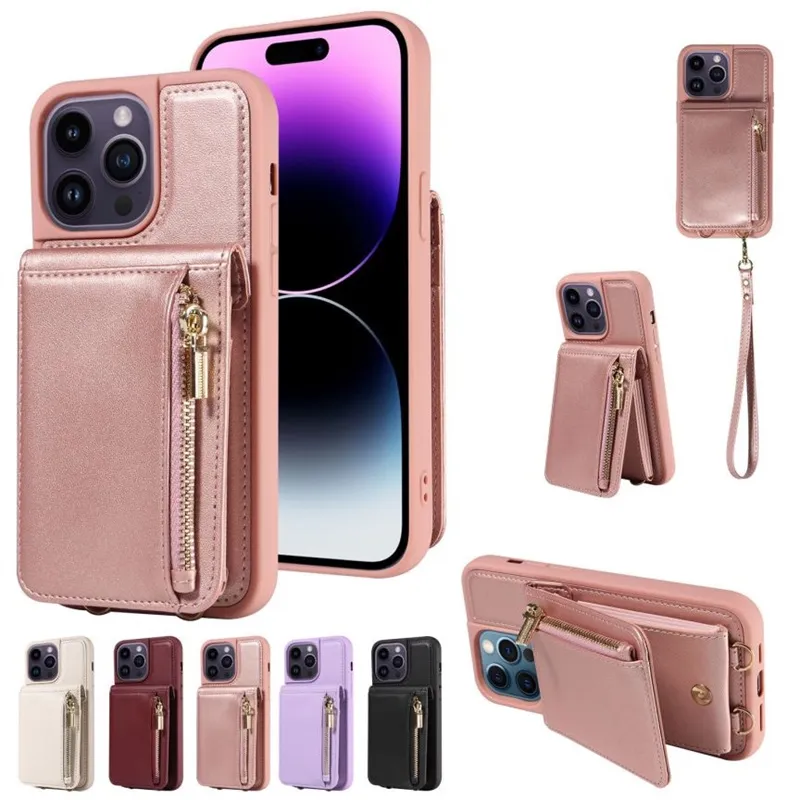 Rits portemonnee standaard telefoonhoesje met kaartsleuven voor iphone 14 pro max 13 mini 12 11 pro max xr xs 6 7 8 se samsung s23 ultra s22 plus pu lederen schokbestendige achterkant