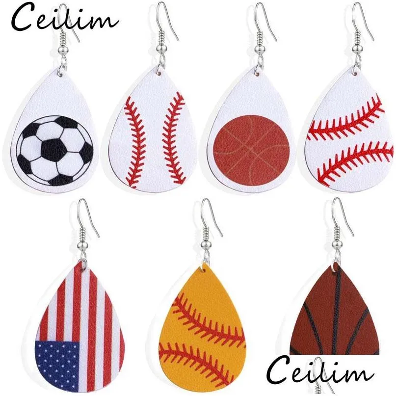 Charm Sportthemed Pu Leather Teardropörhängen Trendig gåva för kvinnor Baseball Basketball Fotboll Volleyball Fans Drop Delivery Jewel Dhjfn