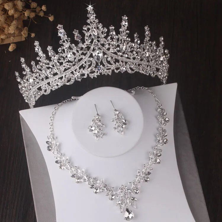 Hochzeits-Schmuck-Sets, luxuriös, silberfarben, Kristallblätter, Braut-Schmuck-Sets, Barock-Diademe, Kronen, Ohrringe, Halsband, Halskette, Hochzeit, Dubai-Schmuck-Set 230609