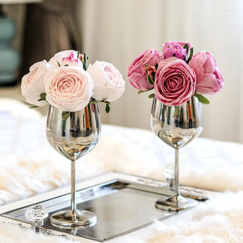 Fleurs décoratives 1 SET Real Touch Rose Verre Gobelet Vase Fleur Artificielle Pour Mariage Maison Décoration De Table Faux