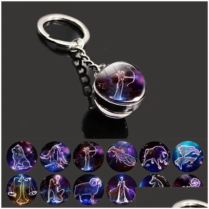 Nyckelringar Glöd i den mörka 12 Constellation stjärntecken Bild Double Side Cabochon Glass Ball Keychain smycken Födelsedagspresent Dro Dhszy