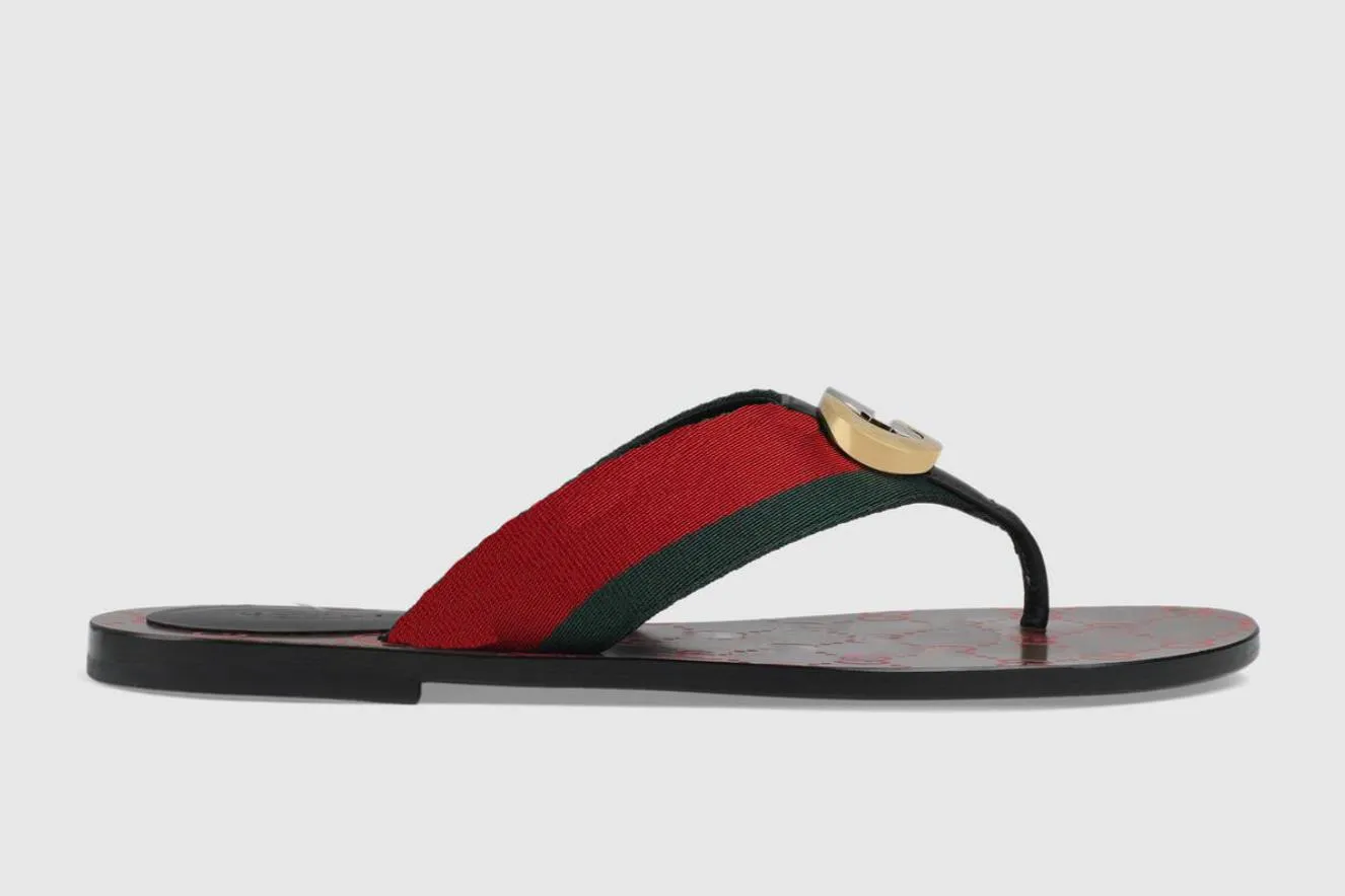 Real Leather Thong tofflor Män kvinnor Double G Summer Beach Slides Flat Green Red Nylon Flip Flops Web Rems Sandaler Storlek 35-46