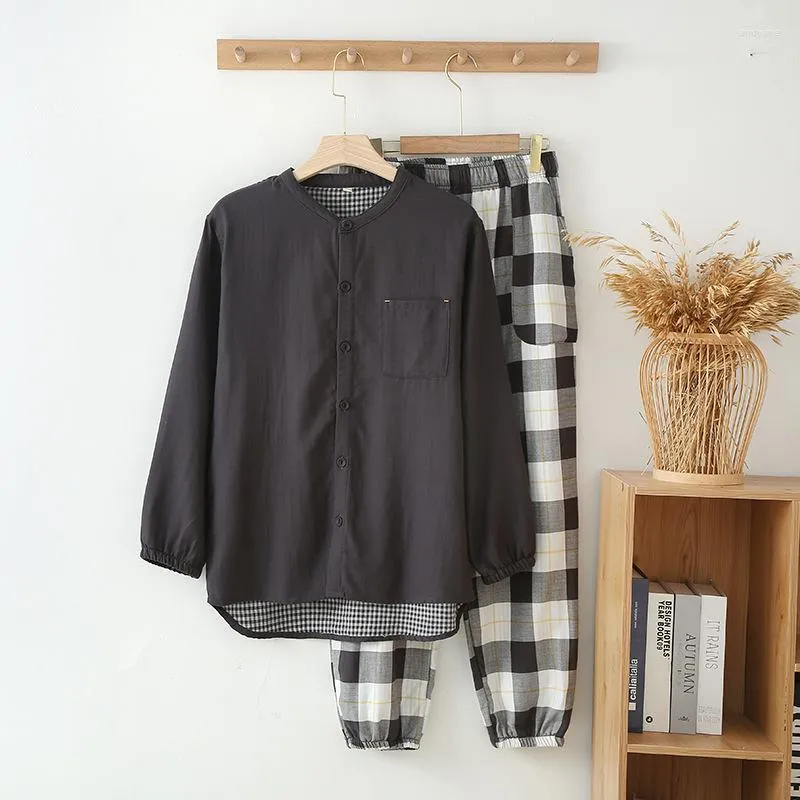 Conjunto de pijamas masculinos de algodão grande primavera e outono verão decoração de casa preto branco xadrez manga longa conjunto de calças simples