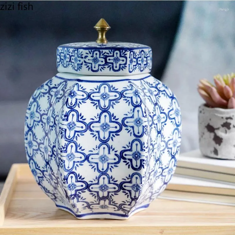 Garrafas De Armazenamento De Porcelana Azul E Branco Jarra De Cerâmica Tanque Casinha De Chá Decoração Enfeites Organizador Garrafa Decorativa