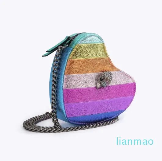 Borsa firmata Kurt Geiger a forma di cuore Testa d'aquila Borsa a tracolla piccola in pelle Kensington in fibra di pelle color arcobaleno