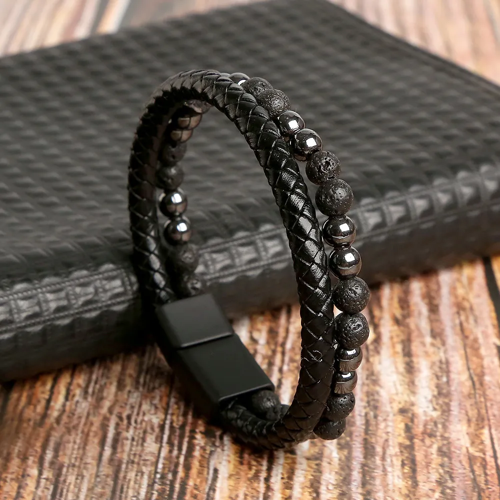 Cool Design dubbellaags natuursteen lederen armband sieraden voor mannen geschenk