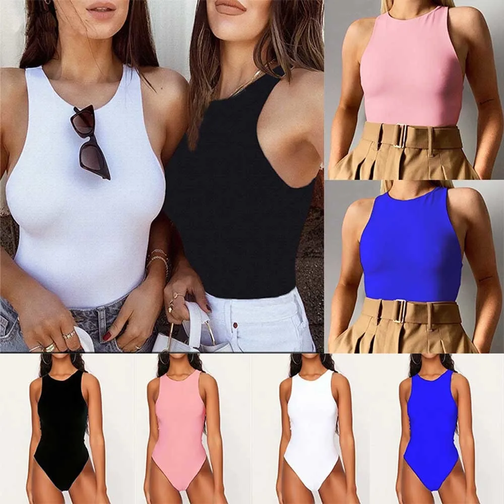 Macacão Feminino Macacão Body Poliéster Tops Streetwear Bodys Brancos Catsuit Tamanho O Neck Summer Sem Mangas Bodysuit Sexy Feminino Ombro Fora YKDs726 230609