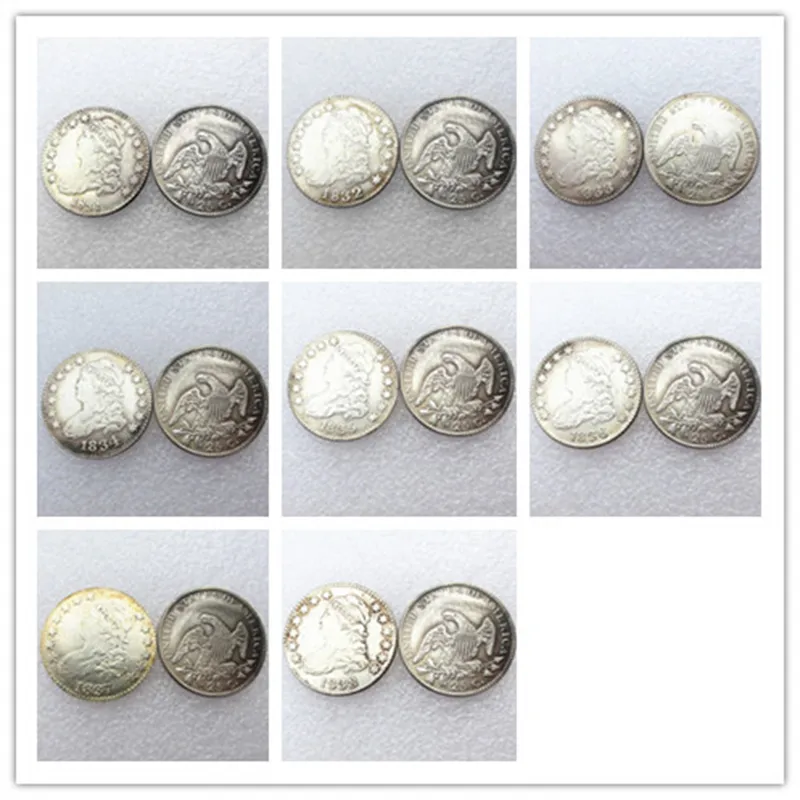 Juego de monedas de copia chapadas en plata de un cuarto de dólar de EE. UU. (1831-1838) 8 piezas