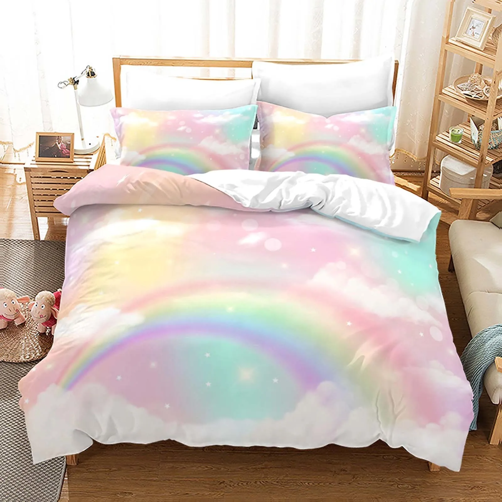 Save Big on Bulk Rainbow Comforter Set Rainbow Gradient Cloud Duvet Cover  Set, Colorful Print Bedding For Girls Bedroom, 100% Polyester, 2024