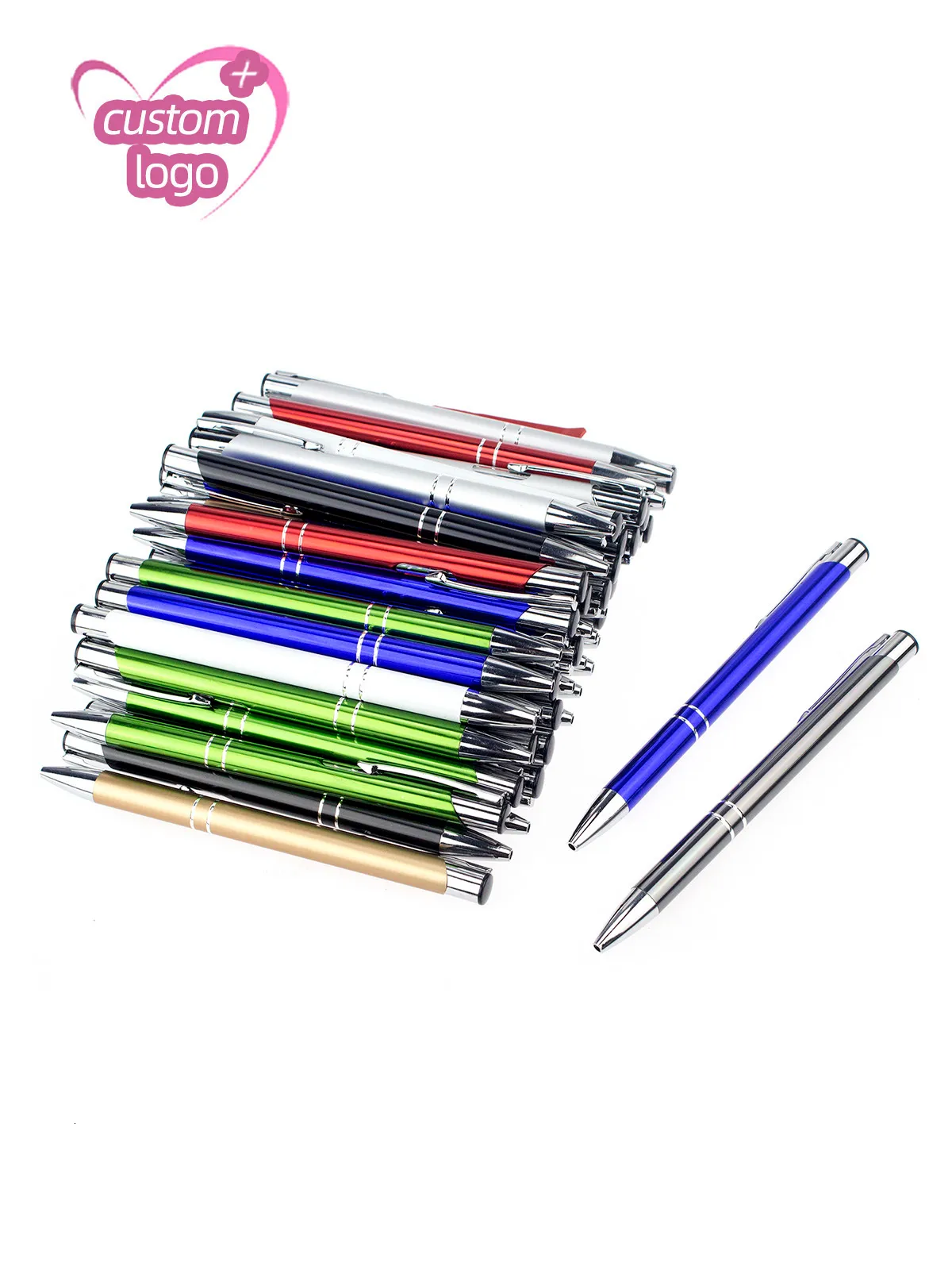 Beyaz Kalemler Lot 50pcs Eğik Üst Çift Yüzük Metal Top Kalem Renk Anodize Özel Ekran Hediye Teşvik Kişiselleştirilmiş Reklam Hediye 230609